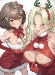 2022 2d 2d_(artwork) :/ :d amber_eyes big_breasts blonde_eyebrows blonde_hair bow bowtie breasts brown_hair busty candy_cane christmas christmas_clothing christmas_gloves christmas_headwear christmas_outfit cleavage cleavage_cutout covered_nipples dress elbow_gloves elena_(kkamja) elf elf_ears elf_female gloves green_eyes hi_res highres holidays hourglass_figure huge_breasts large_breasts leotard light-skinned_female light_skin long_hair looking_at_viewer mia_(kkamja) original original_characters ponytail red_clothing red_dress red_gloves short_hair smile smiling smiling_at_viewer snowman very_long_hair voluptuous