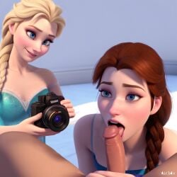 1boy 2girls 3d ai_generated anna_(frozen) blonde_hair blowjob blue_eyes brown_hair camera disney disney_princess elsa_(frozen) female frozen_(film) male sisters