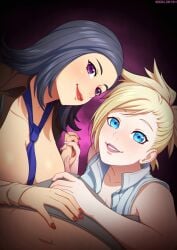 1boy 2023 2girls atlus blonde_hair blue_eyes breasts digital_media_(artwork) female ffm_threesome light-skinned_female light-skinned_male light_skin lisa_silverman male maya_amano necktie neocoill persona persona_2 purple_eyes threesome video_games