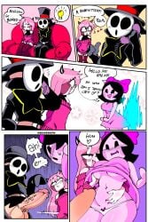 1boy 2girls anti_groove balls big_breasts black_eyes black_hair blush breast_grab breasts comic comic_page commission couch demon demon_girl demon_horns dialogue english_text friday_night_funkin girl_(sock.clip) heart horn legwear mario_(series) mask mid-fight_masses mid_fight_masses penis phone pink_hair quavernsfw sarvente_(dokki.doodlez) shy_guy speech_bubble surprised sweat sweater top_hat underwear white_eyes