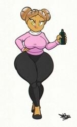 1girls 2022 5_fingers begone10000 big_ass big_breasts black_pants black_shoes bread commission cute female food food_creature hair_buns hairbuns hand_on_hip hand_on_own_hip holding_bottle holding_object looking_at_viewer odilie_kettieg_tieg_(begone10000) original original_character pants pink_sweater shoes sweater tagme tansau thick_thighs tongue tongue_out walking walking_towards_viewer yellow_eyes