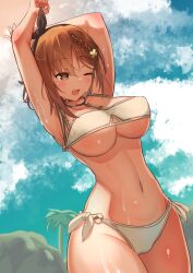 1girls armpits arms_up atelier_(series) atelier_ryza atelier_ryza_2 bikini black_hairband blurry blurry_background braid breasts brown_bikini brown_eyes brown_hair cloud female hair_between_eyes hair_ornament hairband hairpin highres jewelry key_necklace large_breasts light-skinned_female light_skin looking_down navel necklace one_eye_closed open_mouth outdoors palm_tree reisalin_stout shiny_skin short_hair side-tie_bikini_bottom sky sole_female solo swimsuit tree underboob wet yuutopia