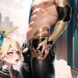 2boys abs ai_generated alhaitham_(genshin_impact) biceps blonde_hair breath bulge bulge_through_clothing cape cock_bulge cock_hungry cock_worship drooling erect_penis erection feather_in_hair femboy fingerless_gloves flushed flushed_face gay genshin_impact half-dressed half_naked jewelry kaveh_(genshin_impact) large_penis male male/male male_only muscles muscular muscular_arms muscular_male nipples panting red_eyes saliva stable_diffusion staring_at_penis sweat sweatdrop sweating tight_clothing tongue_out yaoi