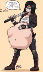 2016 a0iisa asian asian_female black_hair black_jacket dc dc_comics english_text hand_on_belly katana katana_(dc) looking_at_belly looking_down pregnant tatsu_yamashiro text vore vore_belly white_shirt