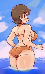 1girls aioi_yuuko ass ass beach big_ass big_butt bikini blush breasts brown_eyes brown_hair dozo_gon huge_breasts looking_back nichijou panties public smile solo suggestive thick_ass thick_butt thighs water