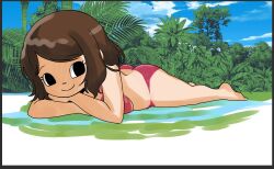 1girls animal_crossing ass ass_cleavage big_ass big_breasts bikini black_eyes breast_press brown_hair busty butt_crack cute female female_only large_breasts laying_down laying_on_stomach legs looking_at_viewer lying lying_down medium_hair muramasa_mikado murana_(muramasa_mikado) on_stomach only_player pink_bikini smile solo source_request sunbathing tagme the_pose thighs towel villager_(animal_crossing)