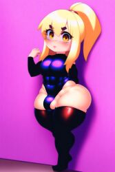 1futa 1girls against_wall ai_generated amber_eyes arm_behind_back bangs big_bulge big_eyes black_legwear black_leotard blonde_hair body_freckles bulge chibi clenched_hand closed_mouth contrapposto covered_abs covered_navel curvy dot_nose dwarf eyebrows_visible_through_hair eyes_visible_through_hair fat_mons freckles full_body futanari gradient gradient_background groin_tendon hair_between_eyes high_ponytail highleg highleg_leotard latex legs_together leotard long_hair looking_at_viewer metroid mole muscular narrow_waist neon_trim newhalf no_nose novelai original pink_background ponytail purple_background samus_aran samus_aran_(cosplay) serious shiny_clothes shiny_hair shortstack sidelocks skin_tight skindentation small_breasts solo standing straight_hair testicle_peek thick_eyebrows thick_lips thick_thighs thighhighs thighs undersized_clothes wardrobe_malfunction wide_hips