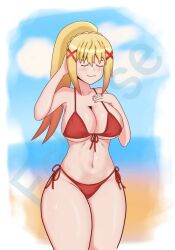 beach bikini blonde_hair blush breasts cleavage closed_eyes darkness_(konosuba) eclypse eclypsea female female_focus hair_ornament highres kono_subarashii_sekai_ni_shukufuku_wo! large_breasts ponytail red_bikini solo swimsuit thick_thighs thighs x_hair_ornament