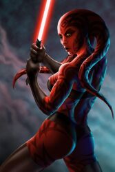 1girls alien alien_girl ass darth_talon female high_heels lekku lightsaber platicsavage red_skin sci-fi sith solo star_wars star_wars:_legacy star_wars_legends surprised tentacle_hair twi'lek