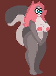 2021 anthro big_breasts blue_eyes brown_fur commission commissioner_upload countershading covering_crotch furry glasses large_nipples mammal_humanoid mrpr1993 nude_female original original_character pink_hair pixel_art resized solo_female sprite squirrel squirrel_girl squirrel_tail two_tone_fur