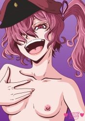 1girls artist_name breasts bsd bungo_stray_dogs cindy_toons female female_only hair_over_one_eye hat looking_at_viewer nipples okura_teruko_(bungou_stray_dogs) open_mouth purple_background signature smile solo solo_female