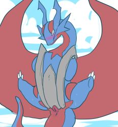 blush cloaca dragon female female_only feral legs_apart mega_evolution mega_salamence no_arms pokémon_(species) pokemon salamence showing_crotch simple_background spread_legs sweat wings zombbh