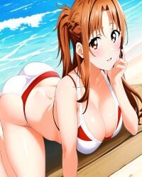 1girls ai_generated arm_support ass bad_proportions beach big_breasts bikini brown_eyes busty cleavage female female_only large_breasts legs looking_at_viewer lying ocean ponytail pose posing sensual smile sword_art_online thighs voluptuous water yuuki_asuna