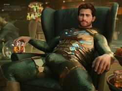 1boy actor appasart big_bulge bulge huge_bulge human human_only in_character jake_gyllenhaal light-skinned_male light_skin looking_at_viewer male male_only marvel marvel_cinematic_universe muscular muscular_male mysterio quentin_beck solo solo_male spider-man_(series) spread_legs whiskey