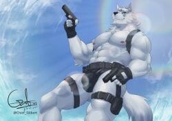 2023 abs anthro areola ass biceps big_bulge biped bulge canid canine canis chief_gilbert clothed clothing digital_media_(artwork) eye_black eyebrows fingerless_gloves fur gloves gun hair handgun handwear holding_gun holding_object holding_weapon low-angle_view male mammal muscular muscular_anthro muscular_male muscular_thighs navel nipples partially_clothed pecs pistol quads ranged_weapon smile solo teeth thick_thighs weapon white_body white_fur white_hair wolf