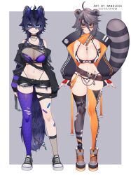 2girls alternate_breast_size alternate_costume animal_ears animal_print asymmetrical_legwear bandage bandaged_leg before_and_after belt big_breasts bikini black_hair blue_eyes blue_hair breasts chains character_name character_sheet cleavage clothing comparison cow_bikini cow_print cow_print_bikini dark_blue_hair ear_piercing earclip female fingerless_gloves fishnet_fabric fishnet_top fishnets footwear gloves goth gothic grey_hair hair_between_eyes hair_ornament hairclip highres horns huge_breasts human humanoid indie_virtual_youtuber jacket large_breasts legwear looking_at_viewer midriff mismatched_legwear nanoless navel official_art open_clothes open_jacket orange_eyes outerwear pale_skin piercing print_bikini punk purple_bra raccoon raccoon_ears raccoon_girl raccoon_tail racoon_girl red_gloves short_hair simple_background smug snuffy standing stomach tail tanuki_tail thighhighs thong_above_shorts thong_straps torn_clothes underwear virtual_youtuber vtuber