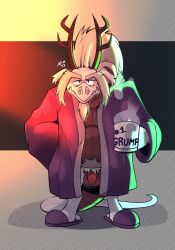 absurd_res anthro balls beverage bottomless clothed clothing dragon eyebrows facial_hair fafnir_(little_witch_academia) flaccid genitals goatee hi_res horn hot_beverage humanoid_genitalia humanoid_penis little_witch_academia long_eyebrows looking_at_viewer male mature_male mug penis pubes scalie slippers solo straight_hair studio_trigger talons yellowluster