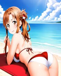 1girls ai_generated arm_support ass bad_proportions beach big_ass big_breasts bikini brown_eyes busty cleavage female female_only large_breasts legs looking_at_viewer looking_back lying ocean on_stomach ponytail pose posing sensual smile sword_art_online the_pose thighs voluptuous water yuuki_asuna