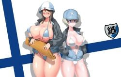 2girls bikini black_bikini black_swimsuit blue_background blue_eyes breasts brown_eyes brown_hair clothing english_text female girls_und_panzer hitch_(hitch_driessen/perotoss400/kirochef) kantele keizoku_military_uniform large_breasts light-skinned_female light_skin long_hair mika_(girls_und_panzer) multiple_girls open_jacket short_hair swimsuit symmetrical_docking tagme text tulip_hat white_bikini white_hair white_swimsuit youko_(girls_und_panzer)