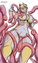 alien alien_girl alien_humanoid camearra female female_focus female_only female_penetrated kings-gz large_breasts milf simple_background sucking_nipples tentacle thick_thighs ultraman_(franchise) ultraman_tiga vaginal_penetration villainess watermark wide_hips