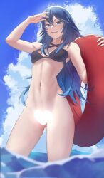 1girls alternate_costume arm_up ass_visible_through_thighs bikini bikini_top bikini_top_only black_bikini black_swimsuit blue_bikini blue_eyes blue_hair blue_sky blurry blurry_foreground blush bottomless breasts censored cloud cloudy_sky day eyelashes feet_out_of_frame female female_only fire_emblem fire_emblem_awakening from_below gradient_hair hair_between_eyes halterneck hand_up heart heart_censor highres holding innertube looking_at_viewer lucina_(fire_emblem) multicolored_hair navel nintendo open_mouth outdoors partially_submerged pomelomelon shadow side-tie_bikini_bottom sidelocks sky small_breasts smile solo swimsuit symbol-shaped_pupils teeth thighs upper_teeth_only very_long_hair wading water