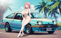 ae86 big_ass big_breasts big_butt big_tits car eyes_closed high_heels micro_bikini nami_sos pink_hair tagme tomoko_utsunomiya toyota_trueno tropical white_bikini