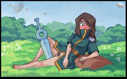 brown_eyes brown_hair captaincob coat embarrassed female female_only grass hairy_pussy lying_on_side pussy sword vernal_edge