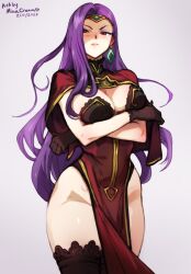 1girls arm_under_breasts bare_thighs blush breasts cape circlet cleavage crossed_arms dated dress earrings eyeshadow female female_only fire_emblem fire_emblem_echoes:_shadows_of_valentia fire_emblem_gaiden from_below frown gloves jewelry lace-trimmed_legwear lace_trim large_breasts long_hair looking_at_viewer looking_down makeup mature_female minacream nintendo pelvic_curtain purple_hair red_eyes simple_background smile solo sonya_(fire_emblem) thick_thighs thighhighs thighs tiara very_long_hair