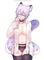 animal_ears animal_humanoid anthro big_breasts black_garter_belt black_garter_straps black_lingerie black_panties black_stockings breasts cat_ears cat_girl clothing collar eyewear felid felid_humanoid female garter_belt garter_straps glasses hi_res humanoid leggings legwear lingerie long_tail mammal mammal_humanoid nipples_visible_through_clothing pantherine pantherine_humanoid panties purple_hair pussy_outline round_glasses sarammat shirt simple_background snow_leopard_humanoid solo standing topwear translucent translucent_clothing translucent_shirt translucent_topwear wet_clothes wide_hips yellow_eyes