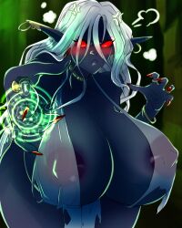 blush cleavage dark_elf drow elf frustrated frustration_cloud gigantic_breasts jewelry long_fingernails magic_user milf pointing_at_viewer pointy_ears reddandwhyte revealing_clothes see-through see-through_clothing thick_thighs torn_clothes