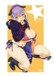 american_flag_bikini animal_ears bikini black_footwear blue_eyes blush boots breasts cleavage closed_mouth commission dated dog_ears female flag_print front-tie_bikini_top front-tie_top full_body hair_ribbon hand_up high_heel_boots high_heels huge_breasts ikuchan_kaoru_(character) indie_virtual_youtuber looking_at_viewer low_twintails mole mole_under_eye oomsz purple_hair red_ribbon ribbon second-party_source side-tie_bikini_bottom signature skeb_commission smile solo swimsuit twintails virtual_youtuber yellow_background