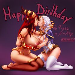 2girls age_difference alexstrasza barbell_piercing barefoot big_breasts blizzard_entertainment blonde_hair breasts dragon huge_breasts human human_(world_of_warcraft) jaina_proudmoore kissing kneeling large_breasts light-skinned_female light_skin marmar milf multiple_girls nipple_piercing older_female red_hair stockings thighhighs warcraft white_hair world_of_warcraft yuri