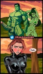 1boy 1futa 1girls absurd_res ai_generated areolae avengers background balls big_balls big_penis bisexual bisexual_(female) black_widow_(marvel) breasts clothed_female clothing erection female futa_is_smaller futa_sans_pussy futanari giant_penis green-skinned_futanari green-skinned_male green_hair green_skin huge_cock hulk hulk_(series) imminent_sex kimikowong7 light-skinned_female light_skin male marvel marvel_comics muscular_futanari muscular_male natasha_romanoff nipples nude_futanari nude_male penis red_hair she-hulk shy smile standing text text_bubble voluptuous voluptuous_futanari