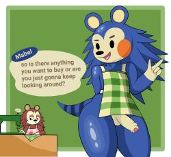 animal_crossing anthro apron balls blue_body blue_fur brown_body brown_fur clothing dialogue duo english_text eulipotyphlan fluffy foreskin fur futanari genitals hand_behind_back hedgehog hi_res mabel_able male male_focus mammal nintendo penis poraka7 rule_63 sable_able sewing_machine text thick_thighs uncut