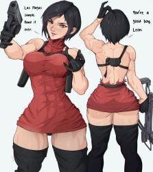 ada_wong ada_wong_(adriana) alternate_muscle_size back black_hair crossbow dress english_text female gloves gun handgun highres leon_scott_kennedy looking_at_viewer muscular muscular_female red_dress resident_evil resident_evil_4 short_hair solo thick_thighs thighhighs thighs torn_clothes torn_dress weapon white_background yoracrab