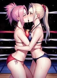 2girls ai_generated audience bikini blonde_hair blush boxing_ring breast_press breasts catfight cleavage crowd docking exhibitionism face_to_face female female/female female_only hug ino_yamanaka kissing lesbian_sex looking_at_another looking_at_each_other multiple_girls nai_diffusion naruto naruto_(classic) naruto_(series) people_in_background petite pink_hair ponytail ring sakura_haruno saliva sexfight stable_diffusion sweat sweatdrop swimsuit tied_hair yuri