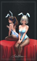 2girls airi_kanna artist_name ayatsuno_yuni bunnysuit cleavage fake_animal_ears fake_rabbit_ears light-skinned_female light_skin looking_at_viewer philicali purple_eyes sitting stelllive virtual_youtuber