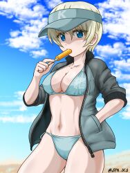 adapted_costume bikini blonde_hair blue_bikini blue_eyes blue_headwear breasts cleavage collarbone commentary emblem female food food_in_mouth girls_und_panzer hand_in_pocket highres holding holding_food ice_cream jacket keizoku_(emblem) large_breasts looking_at_viewer navel nspa_(spa-jcs) open_clothes open_jacket short_hair solo swimsuit track_jacket twitter_username visor_cap youko_(girls_und_panzer) zipper