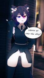 1girls cat_ears cat_tail catgirl clothed_female commission horny_female humanoid looking_at_viewer multicolored_eyes no_panties outside public purple_fur purple_hair skirt skirt_lift smile solo solo_female stockings tagme totless_(vtuber) tsuki_kimura video_games virtual_youtuber vrchat vrchat_avatar vtuber wet_pussy