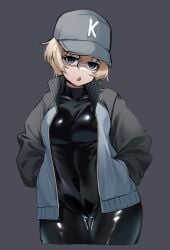 ass_visible_through_thighs baseball_cap black_bodysuit blonde_hair blue_eyes blue_jacket bodysuit bodysuit_and_jacket bodysuit_under_clothes breasts female girls_und_panzer grey_background grey_headwear hands_in_pockets hat jacket kanine41 large_breasts latex latex_bodysuit long_sleeves looking_at_viewer nine_(kanine41) open_mouth short_hair simple_background solo thick_thighs thighs_together youko_(girls_und_panzer)