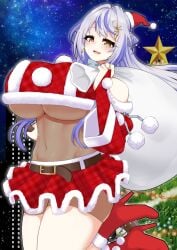 1girls 774_inc. blue_hair christmas female female_only grey_hair happy heels hiyoku_no_crosspiece huge_breasts light-skinned_female light_skin nanashi_inc. nobeji_ta outside solo translucent_clothing two_tone_hair underboob virtual_youtuber yellow_eyes yuri_kohakuu