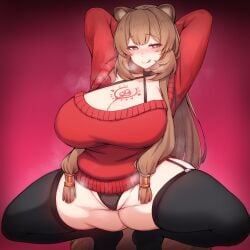 animal_ears arms_behind_head arms_up black_panties black_thighhighs breasts brown_eyes brown_hair chest_tattoo cleavage closed_mouth commission female garter_belt heart heart-shaped_pupils highres huge_breasts licking_lips looking_at_viewer panties pixiv_commission raccoon_ears raccoon_tail raphtalia red_sweater rikuguma simple_background smile solo spread_legs squatting sweater symbol-shaped_pupils tail tate_no_yuusha_no_nariagari tattoo thick_thighs thighhighs thighs tongue tongue_out underwear