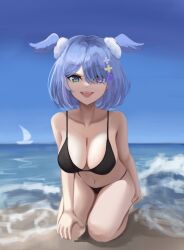 1girls bare_midriff bare_shoulders beach belly_button big_breasts bikini black_bikini blue_hair bob_cut cleavage daru_(jdthunderhawk) elira_pendora exposed_shoulders exposed_torso fangs hair_covering_eye hair_over_one_eye hair_wings head_wings heterochromia looking_at_viewer midriff mouth_open navel nijisanji nijisanji_en ocean one_eye_obstructed open_mouth sea short_hair solo solo_female solo_focus swimsuit swimwear virtual_youtuber water wave x_hair_ornament