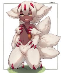 :d body_fur breasts claws commission dark-skinned_female dark_skin faputa female full_body highres kneeling looking_at_viewer made_in_abyss monster_girl multiple_tails navel nipples open_mouth pussy_juice seraziel sharp_teeth small_breasts smile solo tail teeth white_fur yellow_eyes