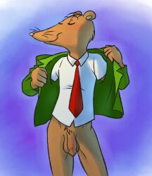 1boy anthro arthur_(series) balls brown_body brown_fur brown_rat closed_eyes clothing crotch_tuft flaccid flaccid_penis fur furry furry_only genitals green_clothing green_jacket green_topwear hi_res jacket male male_only mammal mikurulucky mouth_closed murid murine necktie nigel_ratburn no_humans penis pink_nose pubic_tattoo rat red_necktie rodent shirt smile solo tagme tattoo topwear tuft undressing whiskers white_clothing white_shirt white_topwear