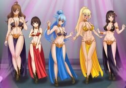 5girls amenoosa aqua_(konosuba) athletic_female belly_dancer belly_dancer_outfit blonde_hair blue_eyes blue_hair boots brown_hair cleavage dancer dancer_outfit darkness_(konosuba) female female_only fit_female harem harem_girl harem_outfit hazel_eyes kono_subarashii_sekai_ni_shukufuku_wo! large_breasts light_brown_hair loincloth long_hair medium_hair megumin princess_leia_organa_(cosplay) slave slave_bikini slave_collar slave_leia_(cosplay) slave_outfit slavegirl star_wars voluptuous wiz_(konosuba) yunyun_(konosuba)