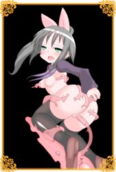 ass black_background bow dungeon_party gray_hair long_hair long_sleeves millete panties petite stockings tentacle tentacle_on_female