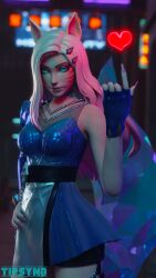 3d 3d_(artwork) 9_tails ahri blue_eyes city glowing_eyes heart k/da_all_out_ahri k/da_all_out_series league_of_legends nine_tailed_fox tipsynd vastaya