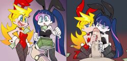 2girls1boy blowjob bunny_ears bunny_girl bunnysuit fishnets huge_cock money panty_&_stocking_with_garterbelt panty_anarchy penis stealth_brock stocking_anarchy