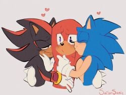 3boys anthro blush echidna exposed_torso footwear group_kiss group_kissing handwear kissing knuckles_the_echidna male_focus male_only sailorsonic sega shadow_the_hedgehog sonic_(series) sonic_the_hedgehog sonic_the_hedgehog_(series) wholesome